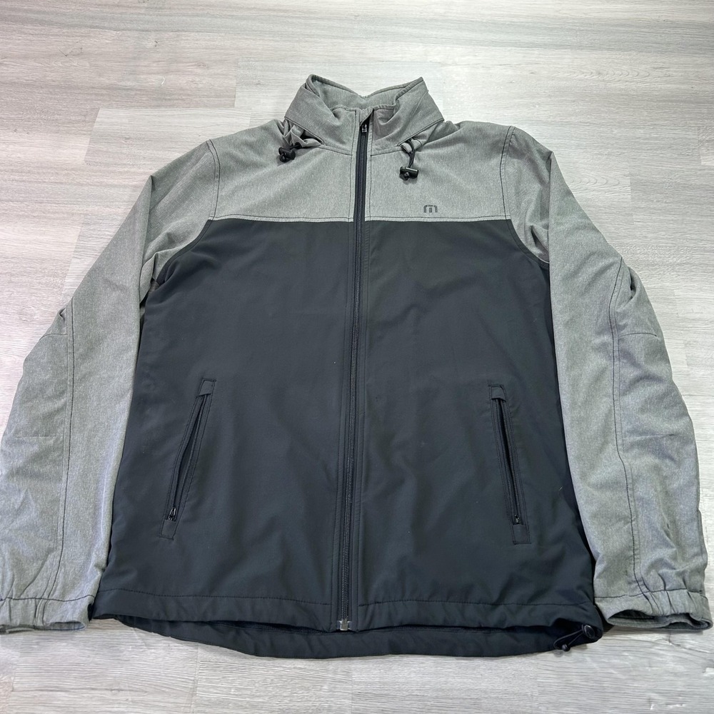 Travis Mathew Jacket Mens Medium Black Gray Hooded Full Zip Golf Windbreaker